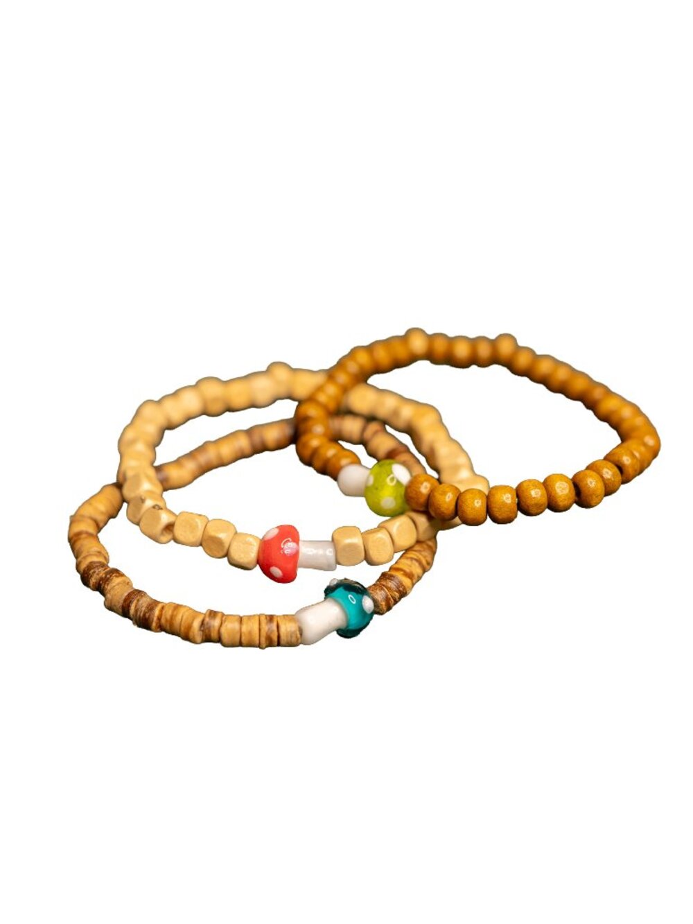 Set of 3 Wooden Stretch Bracelets - Glass Mushrooms